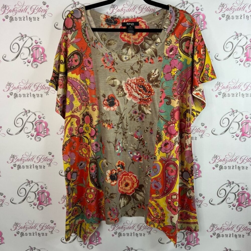 Style & Co. Tshirt fairy hem asymmetrical bling studded Multicolor Floral Blouse